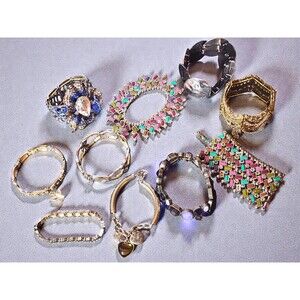 10 Pc Metal Stretch Bracelet Lot - Boho Enamel Crystal Statement Stack